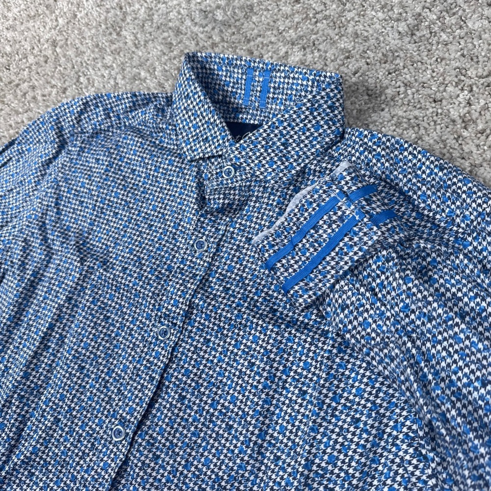 Robert Graham Shirt Mens M Blue Houndstooth Tailored Fit Long Sleeve Button Up